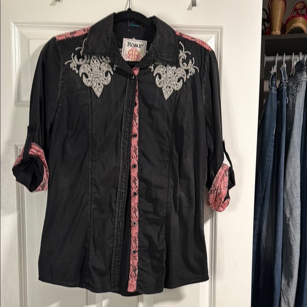 Roar Black and Pink Embroidered Shirt
